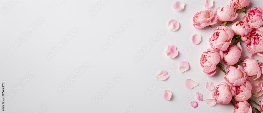 Fototapeta premium A multitude of pink flowers placed on a white surface, their petals gently dispersed atop one another
