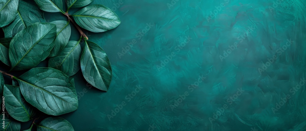 Leafy plant close-up against a green backdrop Text space on the left side Leafy plant close-up against a green backdrop Text space on the left side