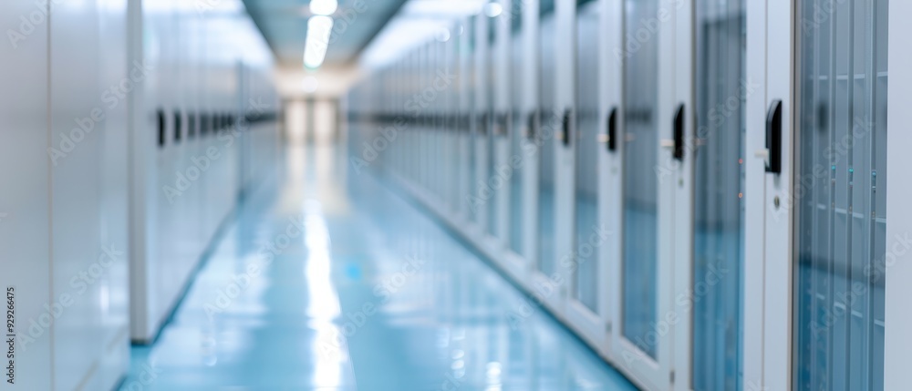 Fototapeta premium A long hallway is lined with white doors and a solitary light illuminates its end