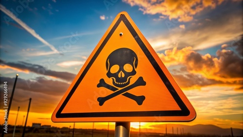 Warning sign with exclamation mark and skull symbol indicating hazardous materials or toxic substances in a bright orange and black color scheme. photo