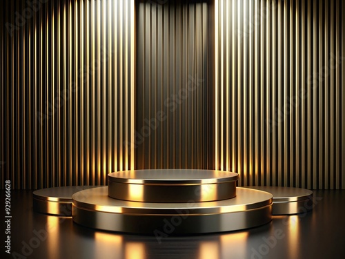 A 3D rendering of a golden podium with multiple tiers, set against a backdrop of black and gold vertical stripes. The podium is illuminated by a spotlight, creating a dramatic and luxurious atmosphere