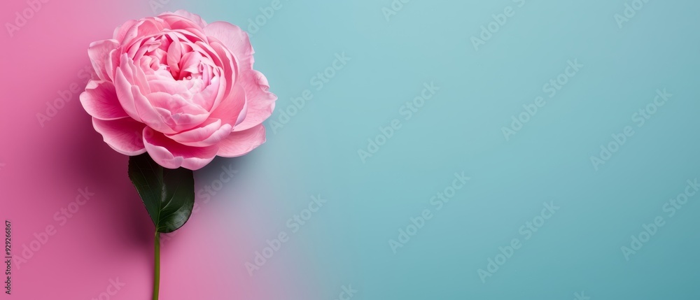 A pink flower with a green stem against a pink and blue backdrop A pink flower with a green stem against a pink and blue backdrop
