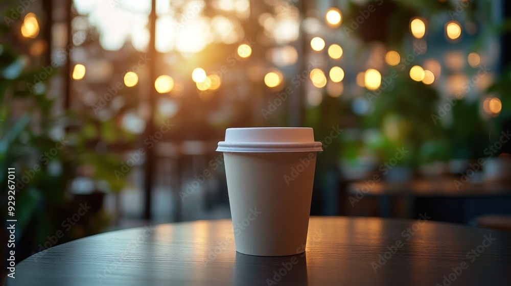Paper Coffee Cup Mockup on Blurred Cafe Background with copy space Paper Coffee Cup Mockup on Blurred Cafe Background with copy space