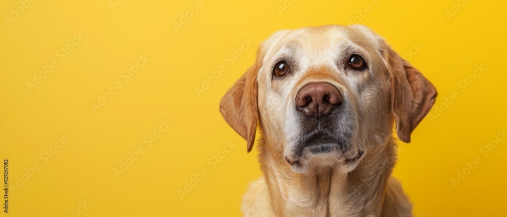 A dog's face in tight focus against a yellow backdrop, tongue extended, and eyes widely opened A dog's face in tight focus against a yellow backdrop, tongue extended, and eyes widely opened