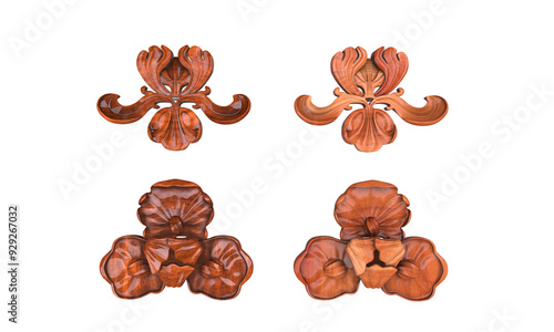 Wooden carved flowers from mahogany, decorative elements for furniture, architecture, varnish and matte wood finish, wooden ornament, antique wooden ornaments, vintage wood, 3d rendering photo