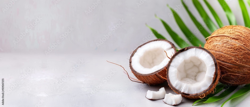 A couple of coconuts atop a table with nearby green palm fronds A couple of coconuts atop a table with nearby green palm fronds