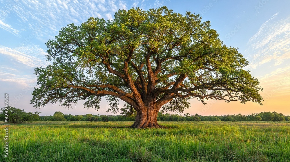 A massive tree towering over a green expanse, surrounded by cloud-dappled skies A massive tree towering over a green expanse, surrounded by cloud-dappled skies