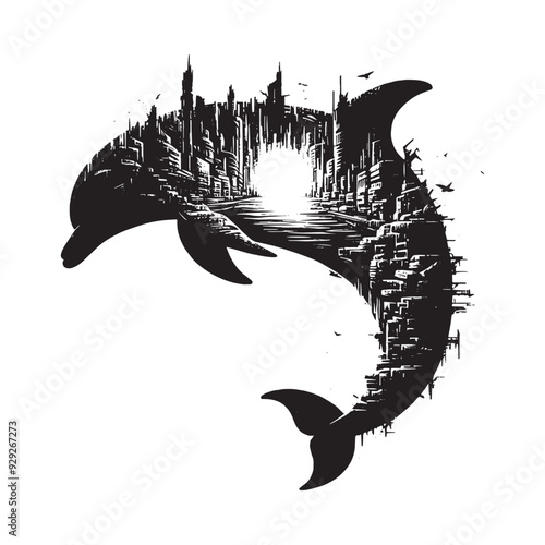 silhouette of Dolphin filled with destroyed futuristic dystopia environment in rough drawing