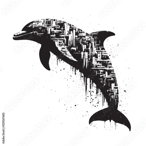 silhouette of Dolphin filled with destroyed futuristic dystopia environment in rough drawing