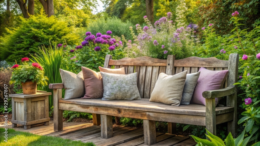 Weathered gray outdoor pillows adorn a rustic wooden benches surrounded by lush greenery and overgrown flowers in a serene and peaceful backyard setting. Weathered gray outdoor pillows adorn a rustic wooden benches surrounded by lush greenery and overgrown flowers in a serene and peaceful backyard setting.