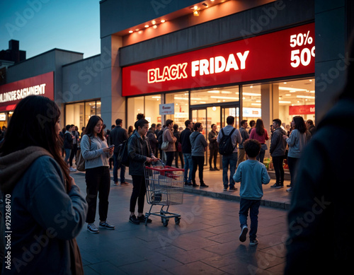 people are standing and queing in line outside a store with black friday sale sign