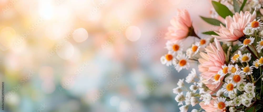 A vase of daisies and other flowers on a table, surrounded by softly blurred lights in the background A vase of daisies and other flowers on a table, surrounded by softly blurred lights in the background