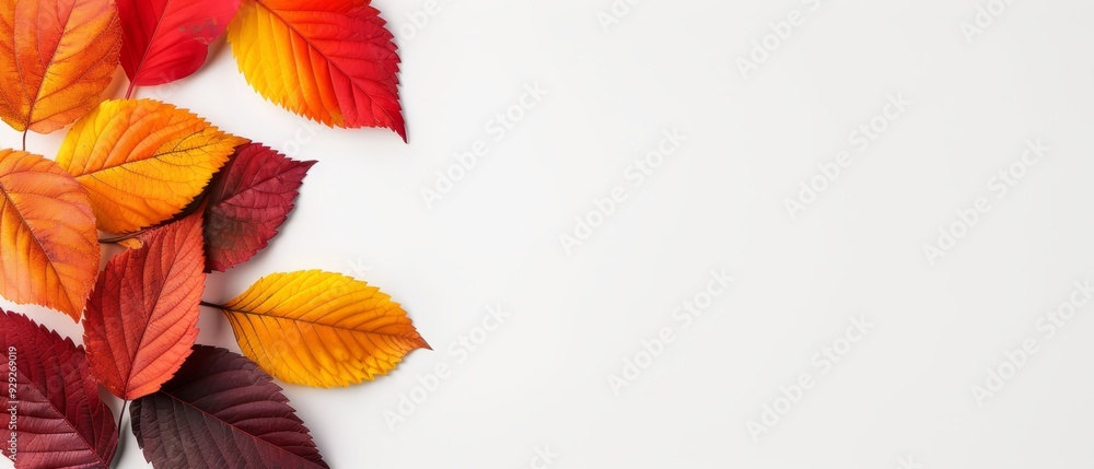 A collection of vibrant leaves stacked on a white backdrop, against a uniform white surface A collection of vibrant leaves stacked on a white backdrop, against a uniform white surface