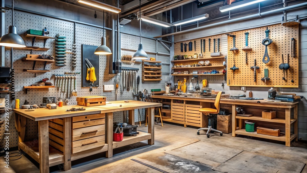 Well-organized workshop interior with an array of precision tools hanging on pegboard and arranged on workbenches, surrounded by wooden crates and industrial equipment. Well-organized workshop interior with an array of precision tools hanging on pegboard and arranged on workbenches, surrounded by wooden crates and industrial equipment.