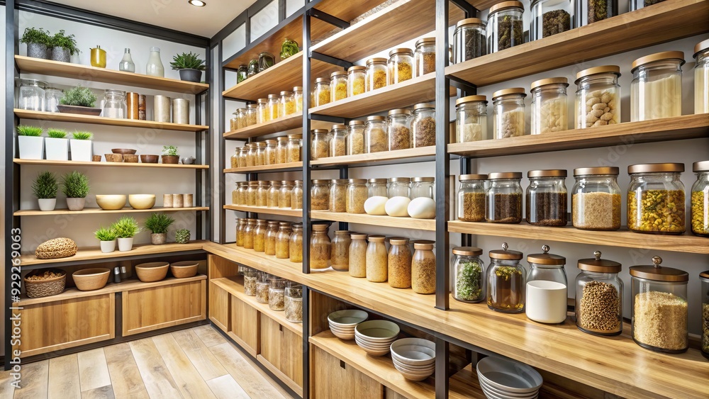 Well-stocked retail shelves in a modern interior featuring natural wood accents, glass jars, and decorative storage bins, conveying a sense of organization and style. Well-stocked retail shelves in a modern interior featuring natural wood accents, glass jars, and decorative storage bins, conveying a sense of organization and style.