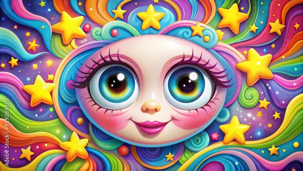Whimsical cartoon eyeball with rosy cheeks, long lashes, and a bright smile, surrounded by colorful swirling patterns and stars, conveying playful innocence and wonder. Whimsical cartoon eyeball with rosy cheeks, long lashes, and a bright smile, surrounded by colorful swirling patterns and stars, conveying playful innocence and wonder.