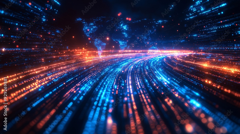Fototapeta premium Global Data Transfer Concept: Light Trails on Digital World Map