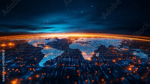 Global Data Transfer Concept: Light Trails on Digital World Map