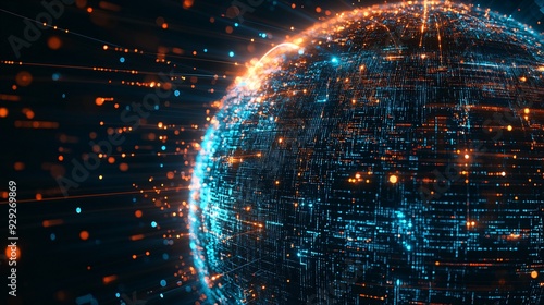 Global Data Transfer Concept: Digital Globe with High-Speed Data Streams on Dark Background