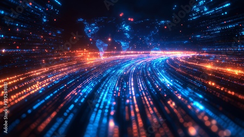 Global Data Transfer Concept: Light Trails on Digital World Map