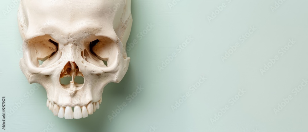 Naklejka premium A human skull mounted on a wall with a hole in the lower half The skull's structure includes a single hollowed-out section in the lower part