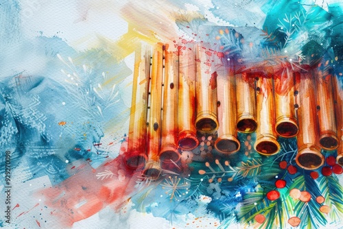 Christmas Serenade: Festive Pan Flute Melody in Watercolor Illustration photo