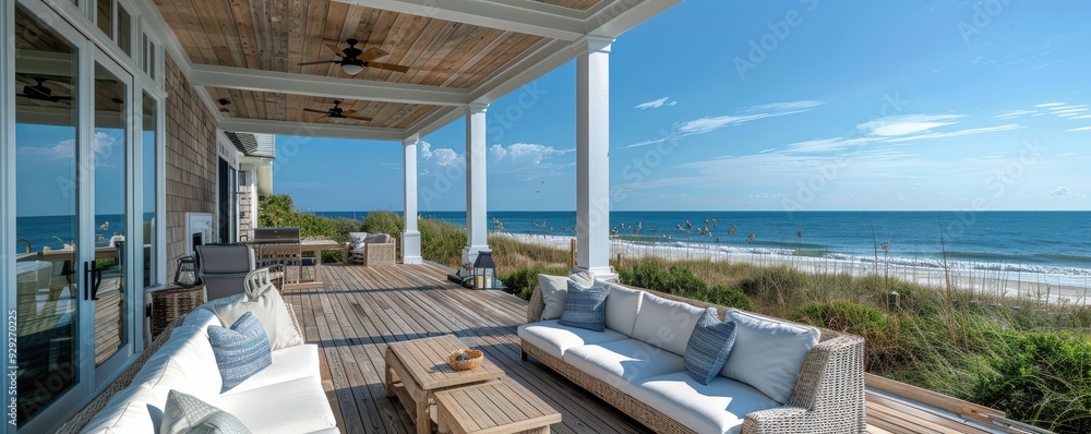 Luxury beach terrace with ocean view, comfortable outdoor furniture. Free copy space for text.