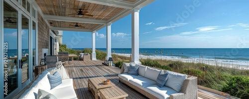 Obraz na płótnie Luxury beach terrace with ocean view, comfortable outdoor furniture. Free copy space for text. w salonie