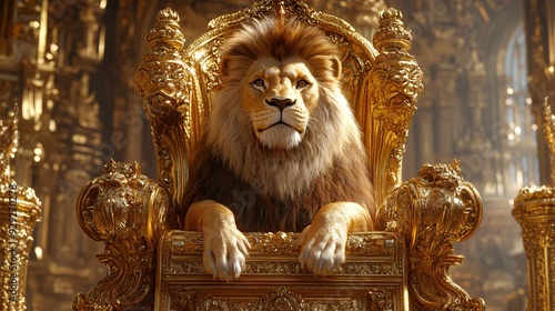 Majestic Lion King on lavish golden throne with ornate decorations in clean backdrop for copy space photo