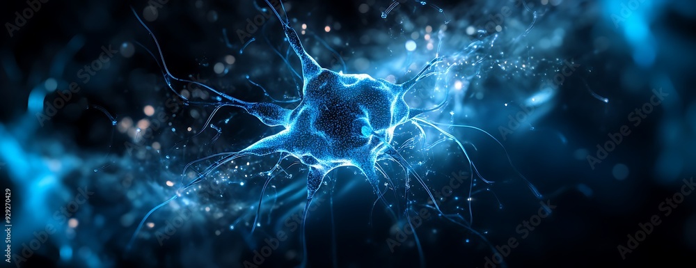 Abstract blue glowing neuron with thin tendrils reaching out, surrounded by a dark background with bokeh lights. Abstract blue glowing neuron with thin tendrils reaching out, surrounded by a dark background with bokeh lights.