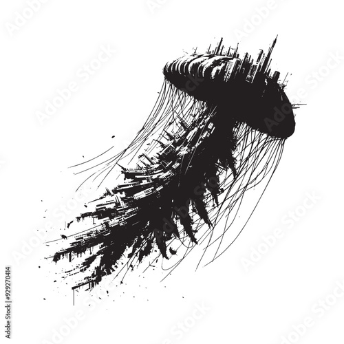 silhouette of jelly fish filled with destroyed futuristic dystopia environment in rough drawing