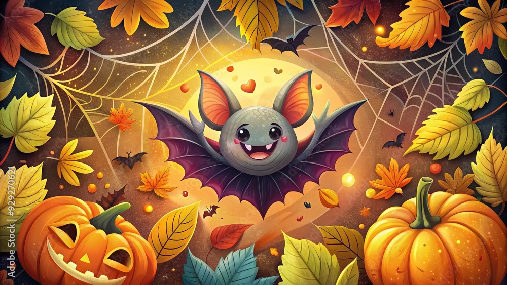 Whimsical illustration of a smiling bat surrounded by colorful leaves and vines, adorned with a tiny pumpkin and spider web, in a playful Halloween theme. Whimsical illustration of a smiling bat surrounded by colorful leaves and vines, adorned with a tiny pumpkin and spider web, in a playful Halloween theme.