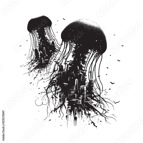 silhouette of jelly fish filled with destroyed futuristic dystopia environment in rough drawing
