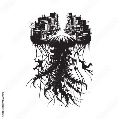 silhouette of jelly fish filled with ghetto street in rough drawing