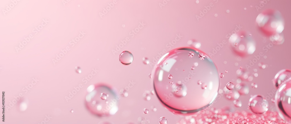 A collection of bubbles hovering above a rosy pink water surface, adorned with water droplets beneath and at their bases A collection of bubbles hovering above a rosy pink water surface, adorned with water droplets beneath and at their bases