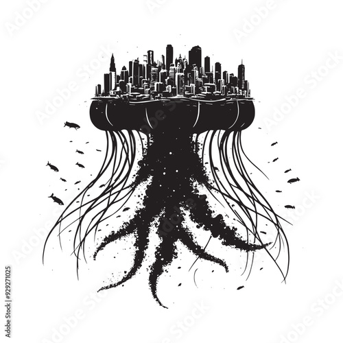 silhouette of jelly fish filled with ghetto street in rough drawing