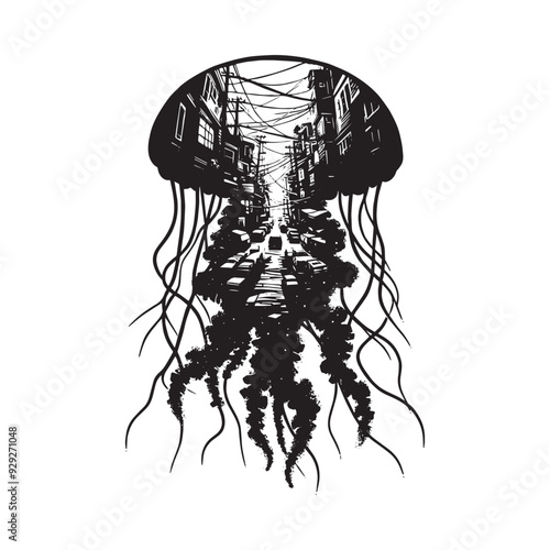 silhouette of jelly fish filled with ghetto street in rough drawing