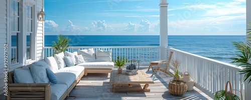 Luxury beach terrace with ocean view, comfortable outdoor furniture. Free copy space for text.