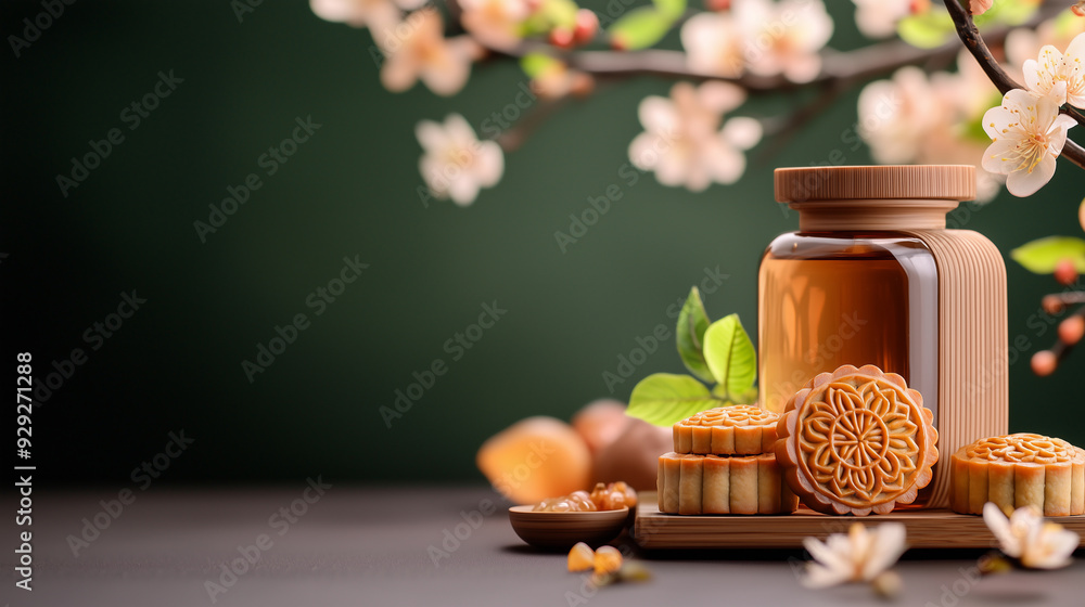 A beautifully styled composition featuring traditional mooncakes, a jar of honey, and blooming cherry blossoms. A beautifully styled composition featuring traditional mooncakes, a jar of honey, and blooming cherry blossoms.