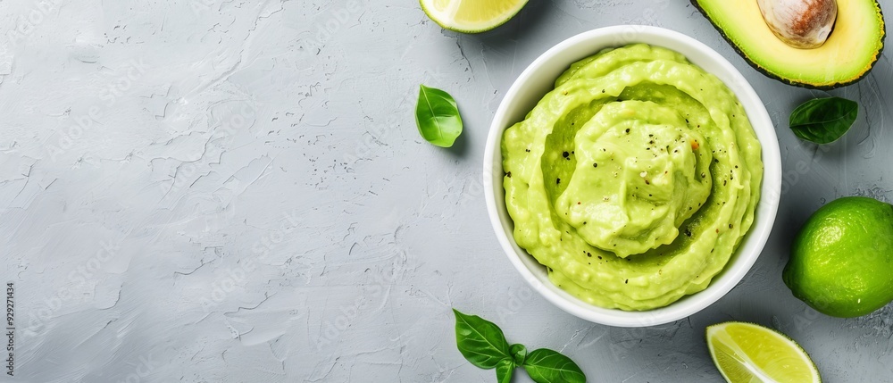 Obraz premium A white bowl holds guacamole, surrounded by limes and avocados on a gray table