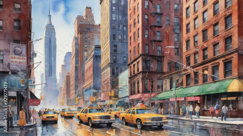 Watercolor illustration skyscraper, yellow taxi cabs in downtown New York City