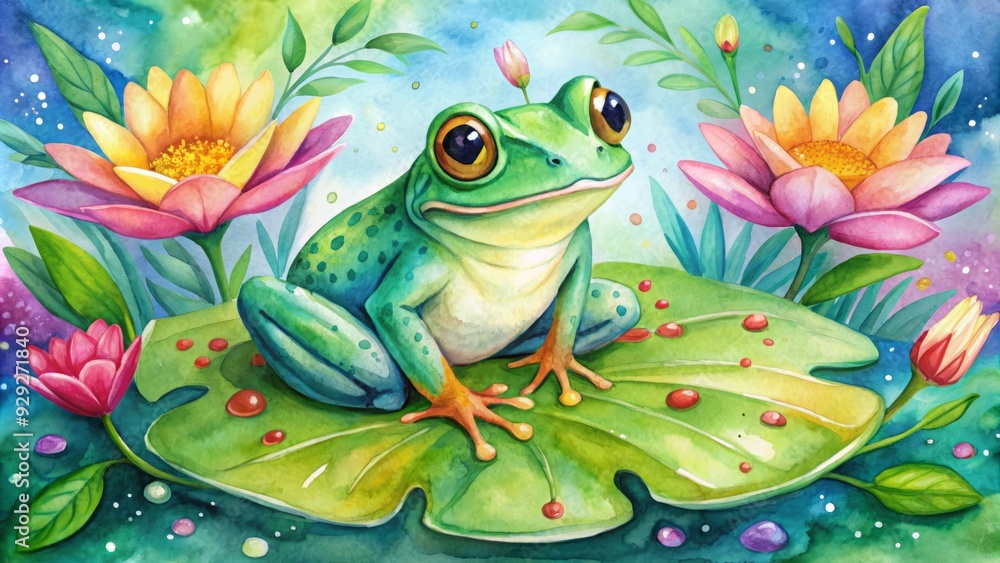 Whimsical watercolor illustration of a bright green frog perched on a lily pad, surrounded by vibrant flowers and foliage, with soft, dreamy textures. Whimsical watercolor illustration of a bright green frog perched on a lily pad, surrounded by vibrant flowers and foliage, with soft, dreamy textures.