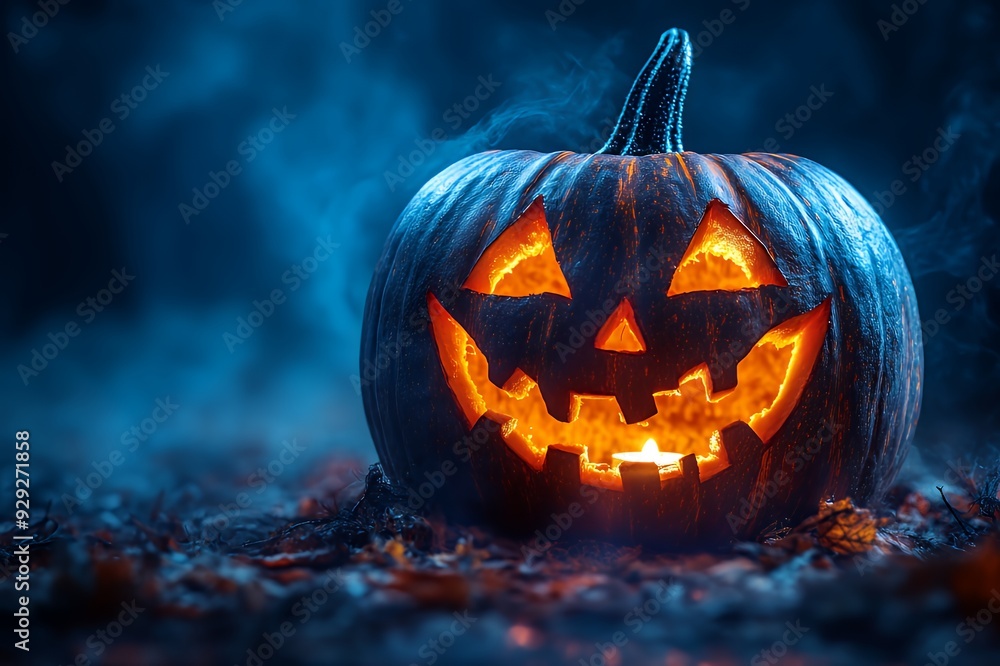 A glowing jack-o'-lantern surrounded by mist, symbolizing Halloween festivities. A glowing jack-o'-lantern surrounded by mist, symbolizing Halloween festivities.
