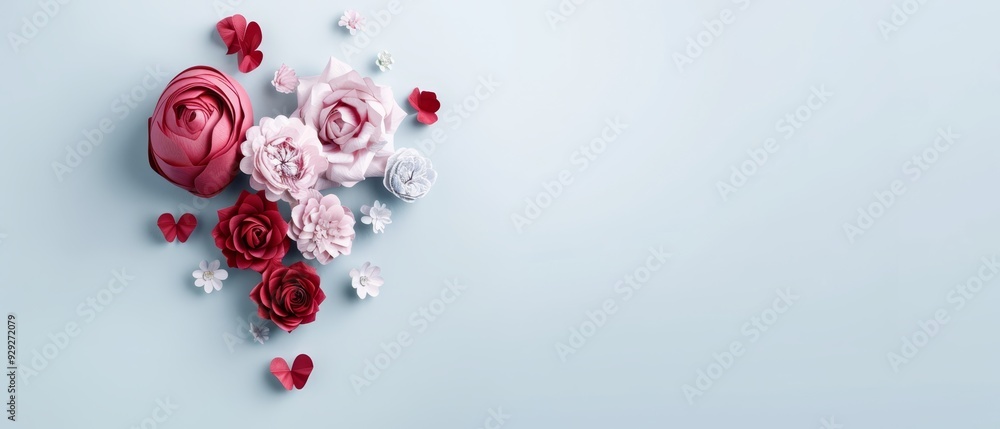A bouquet of pink and red flowers against a blue backdrop Incorporated are red and white paper flowers, fashioned as heart shapes A bouquet of pink and red flowers against a blue backdrop Incorporated are red and white paper flowers, fashioned as heart shapes