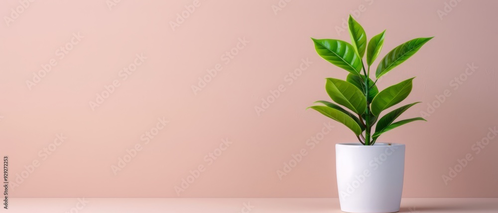  A potted plant in a white vase on a table against a pink wall