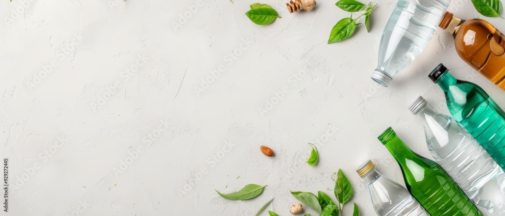 A white table, laden with numerous bottles of distinct liquids, is adorned with cascading leaves stacked atop one another A white table, laden with numerous bottles of distinct liquids, is adorned with cascading leaves stacked atop one another