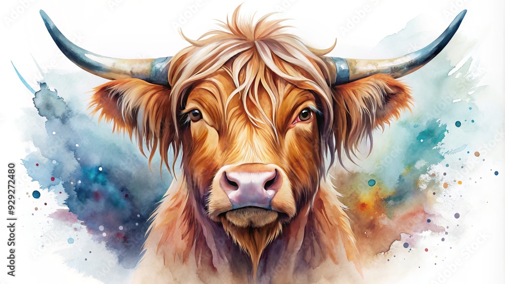 Whimsical watercolor illustration of a majestic Highland cow set ...