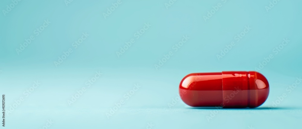 A red pill object sits atop a blue surface, against a light blue background in the image's center A red pill object sits atop a blue surface, against a light blue background in the image's center