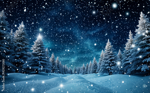 Magical winter wonderland with tall snow covered trees and twinkling stars