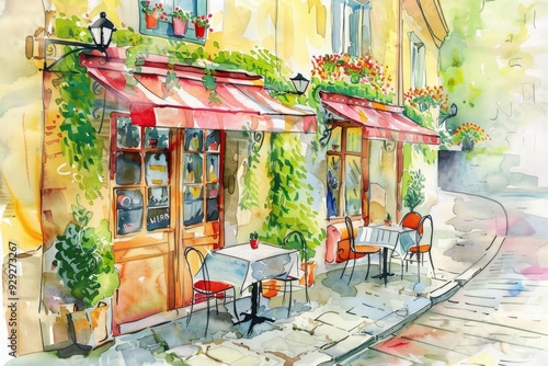 Fototapeta Naklejka Na Ścianę i Meble -  European Street Cafe Scene. Traditional Watercolor Illustration of Cosy Parisian Cafe Terrace